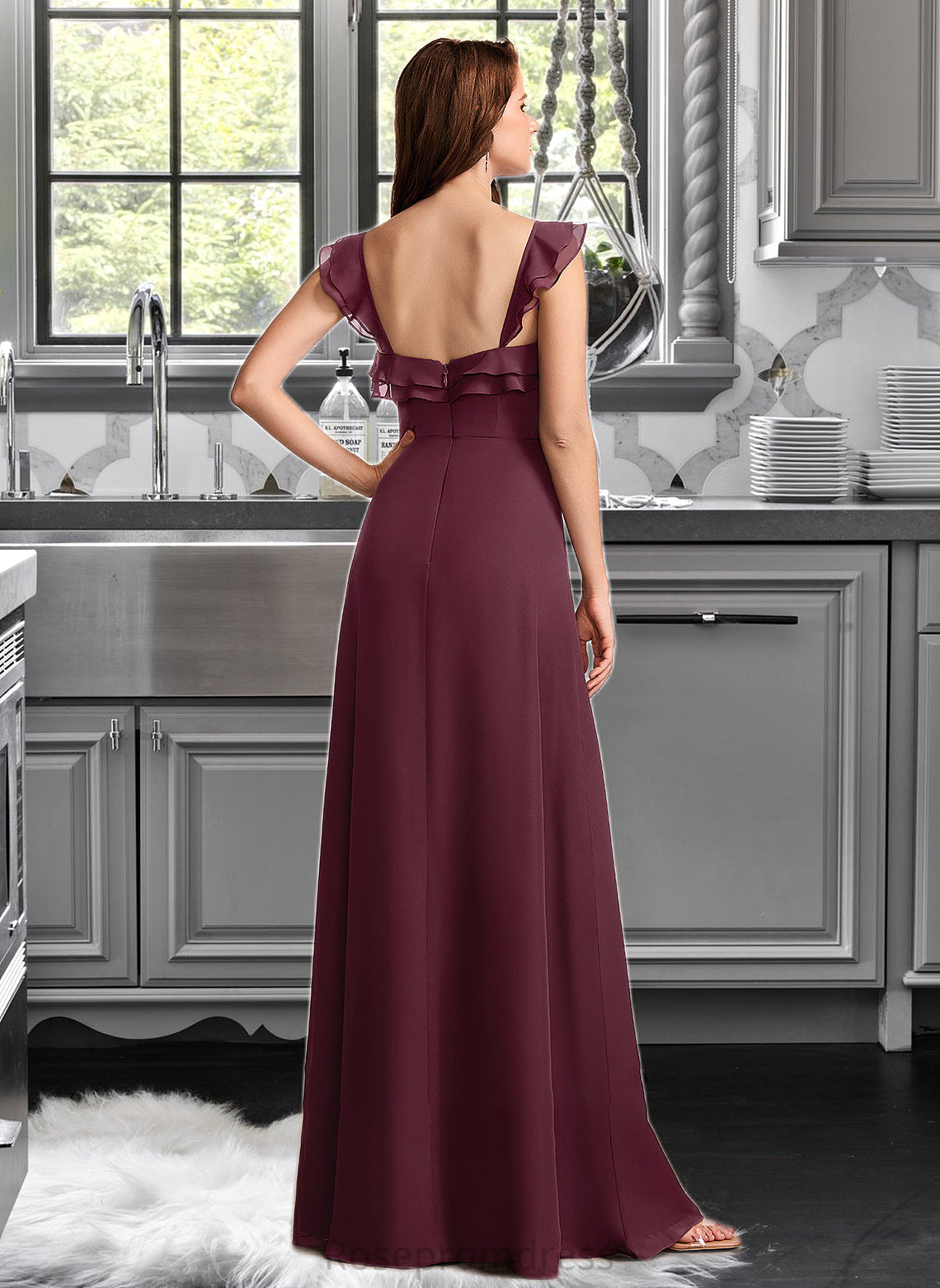 Cecelia A-Line V-neck Floor-Length Bridesmaid Dress With Split Front SRSP0013083