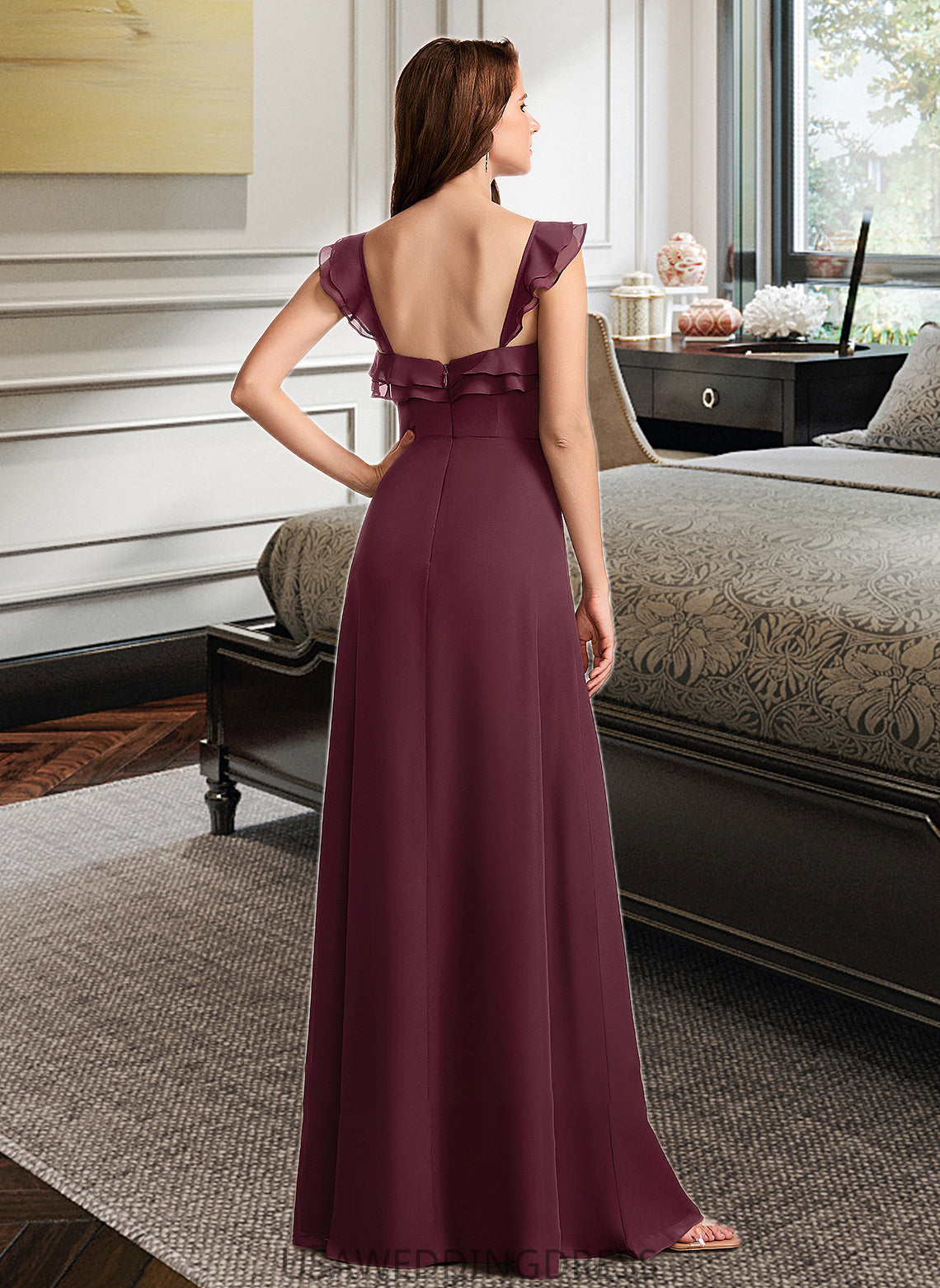 Rhoda A-Line V-neck Floor-Length Bridesmaid Dress With Split Front DSP0013083