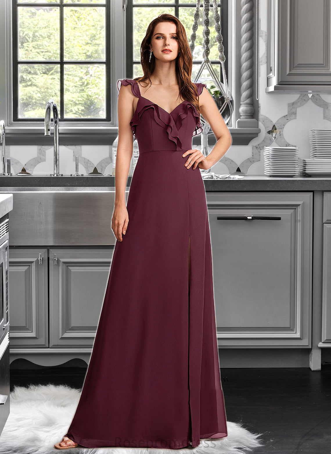 Cecelia A-Line V-neck Floor-Length Bridesmaid Dress With Split Front SRSP0013083