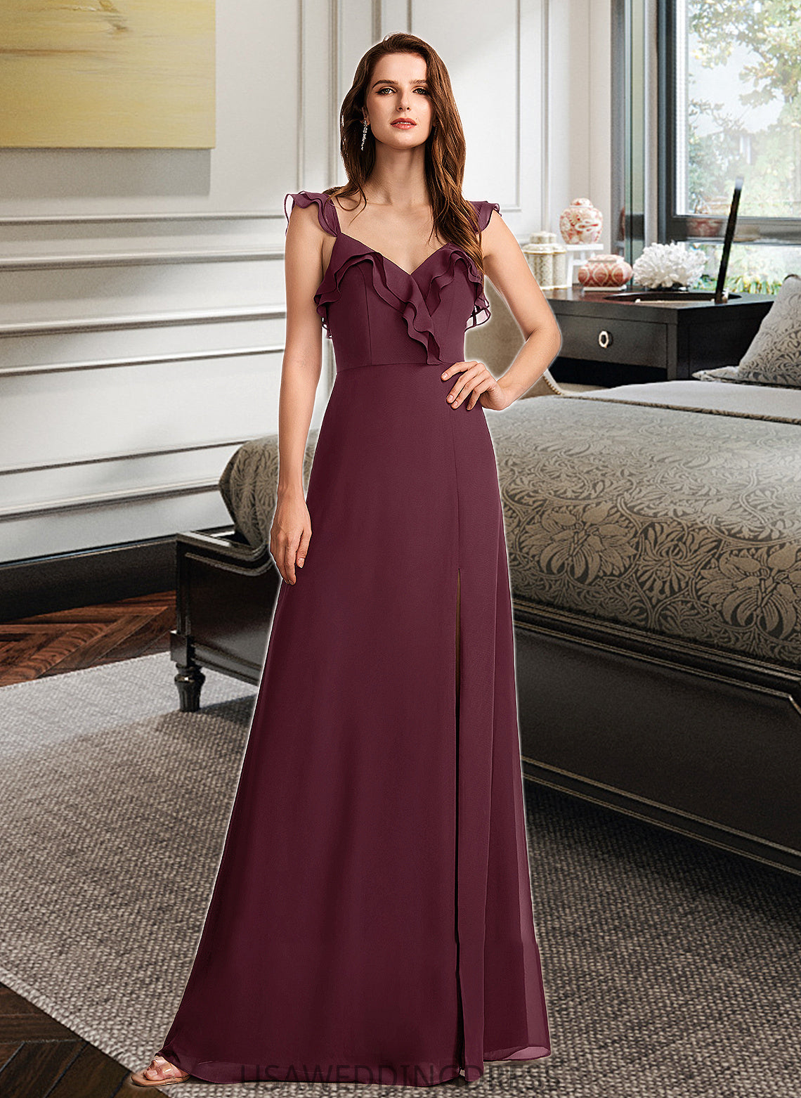 Rhoda A-Line V-neck Floor-Length Bridesmaid Dress With Split Front DSP0013083