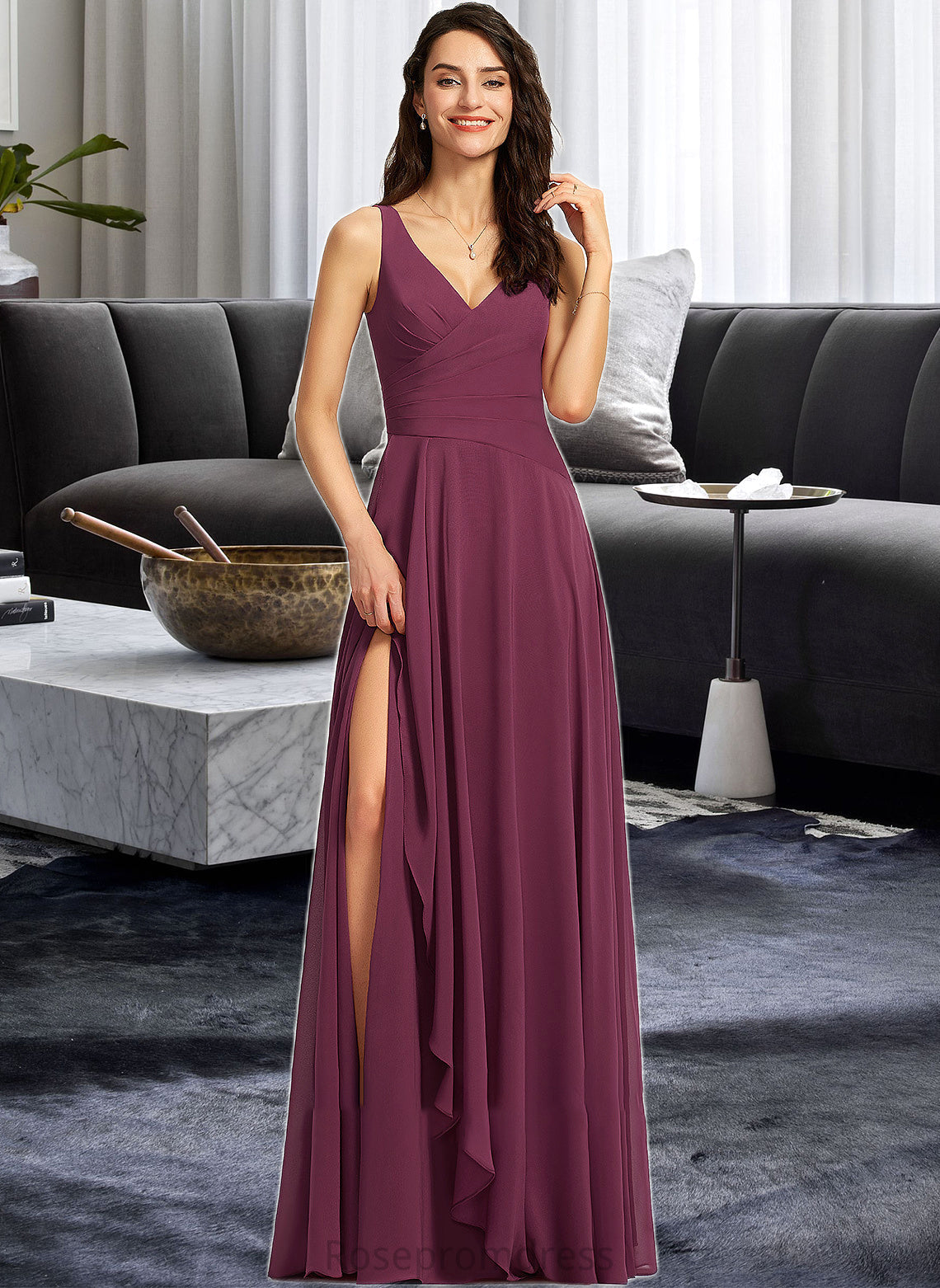 Amanda A-Line V-neck Floor-Length Bridesmaid Dress With Split Front SRSP0013085
