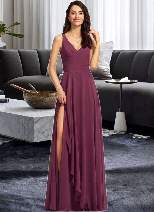 Amanda A-Line V-neck Floor-Length Bridesmaid Dress With Split Front SRSP0013085