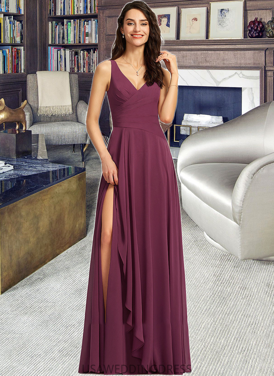 Macy A-Line V-neck Floor-Length Bridesmaid Dress With Split Front DSP0013085