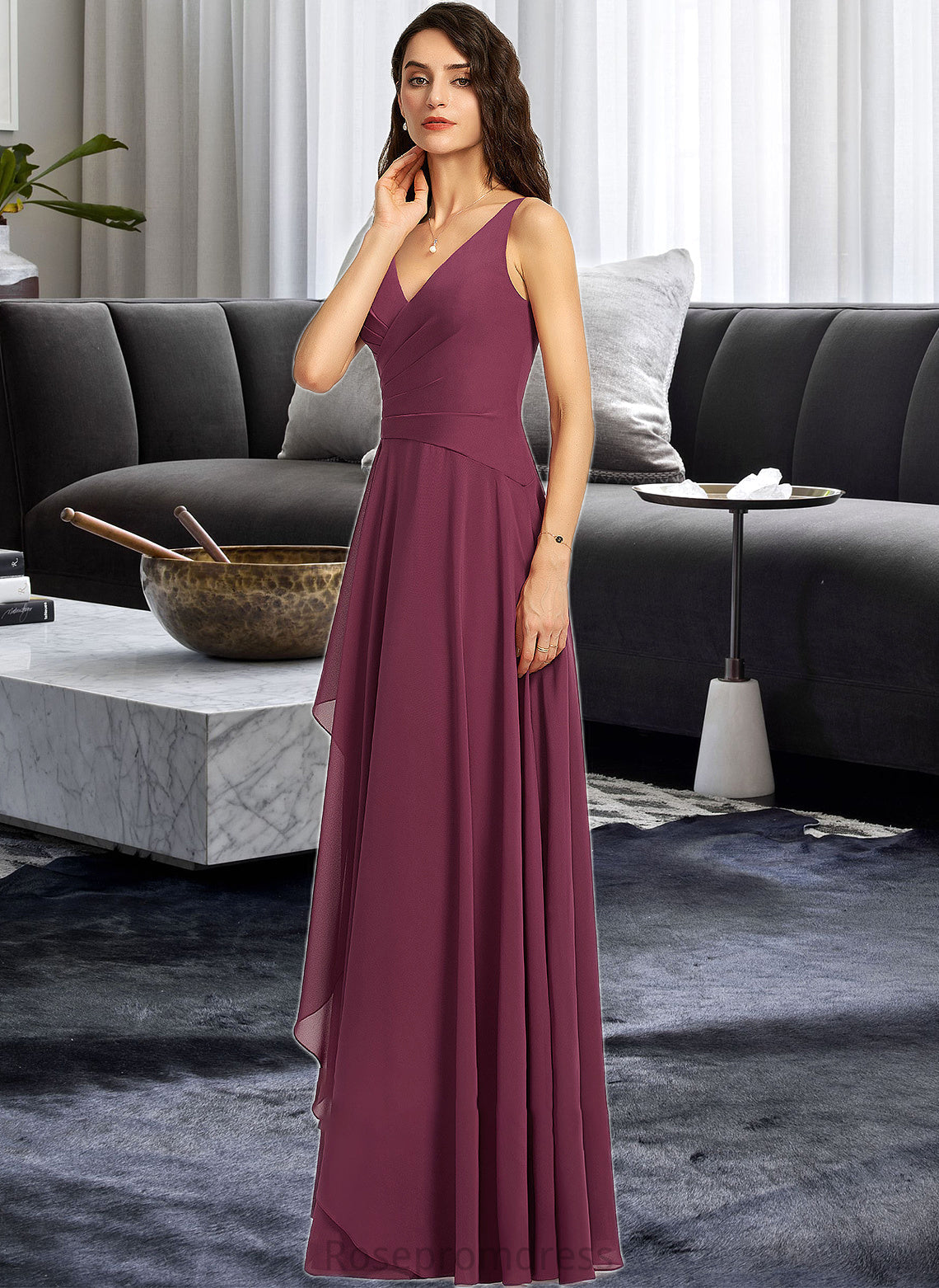 Amanda A-Line V-neck Floor-Length Bridesmaid Dress With Split Front SRSP0013085
