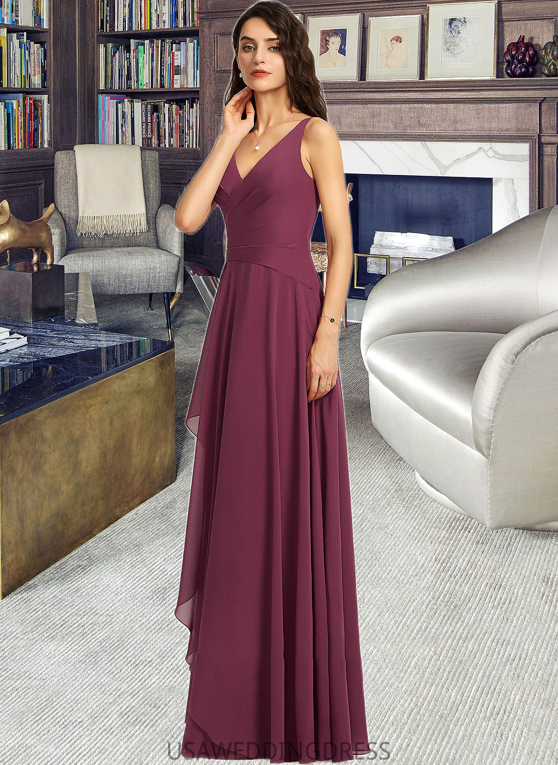 Macy A-Line V-neck Floor-Length Bridesmaid Dress With Split Front DSP0013085