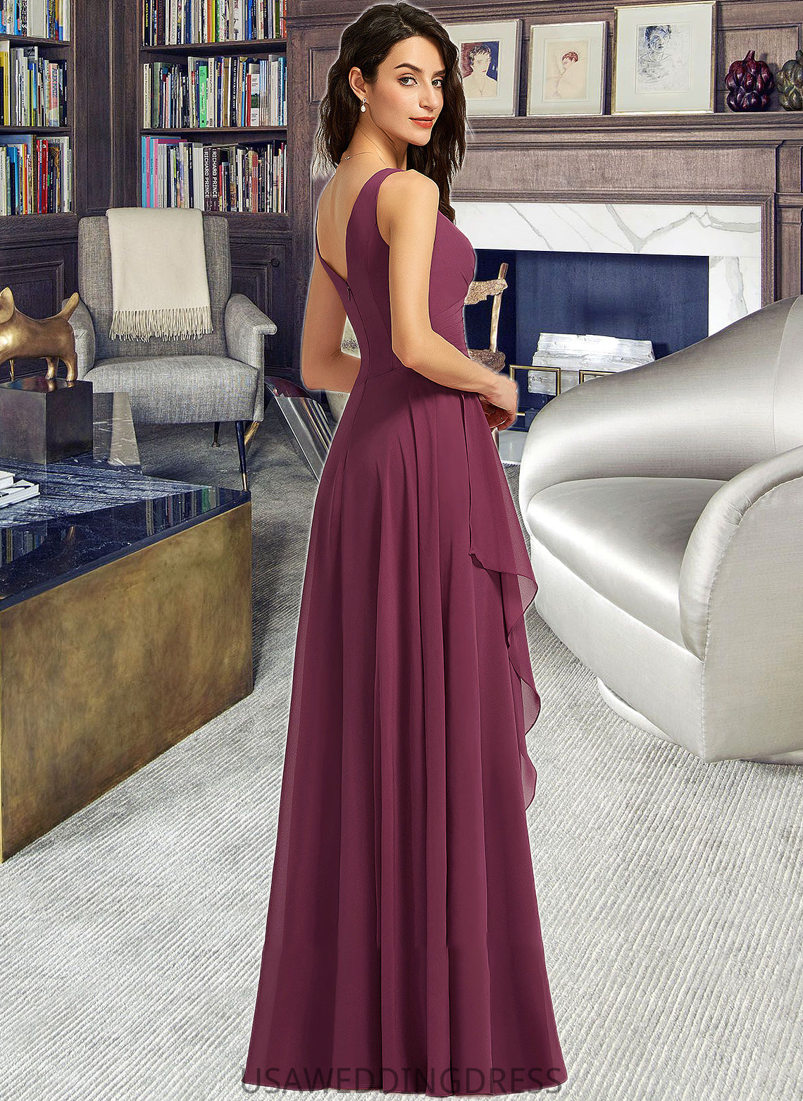 Macy A-Line V-neck Floor-Length Bridesmaid Dress With Split Front DSP0013085