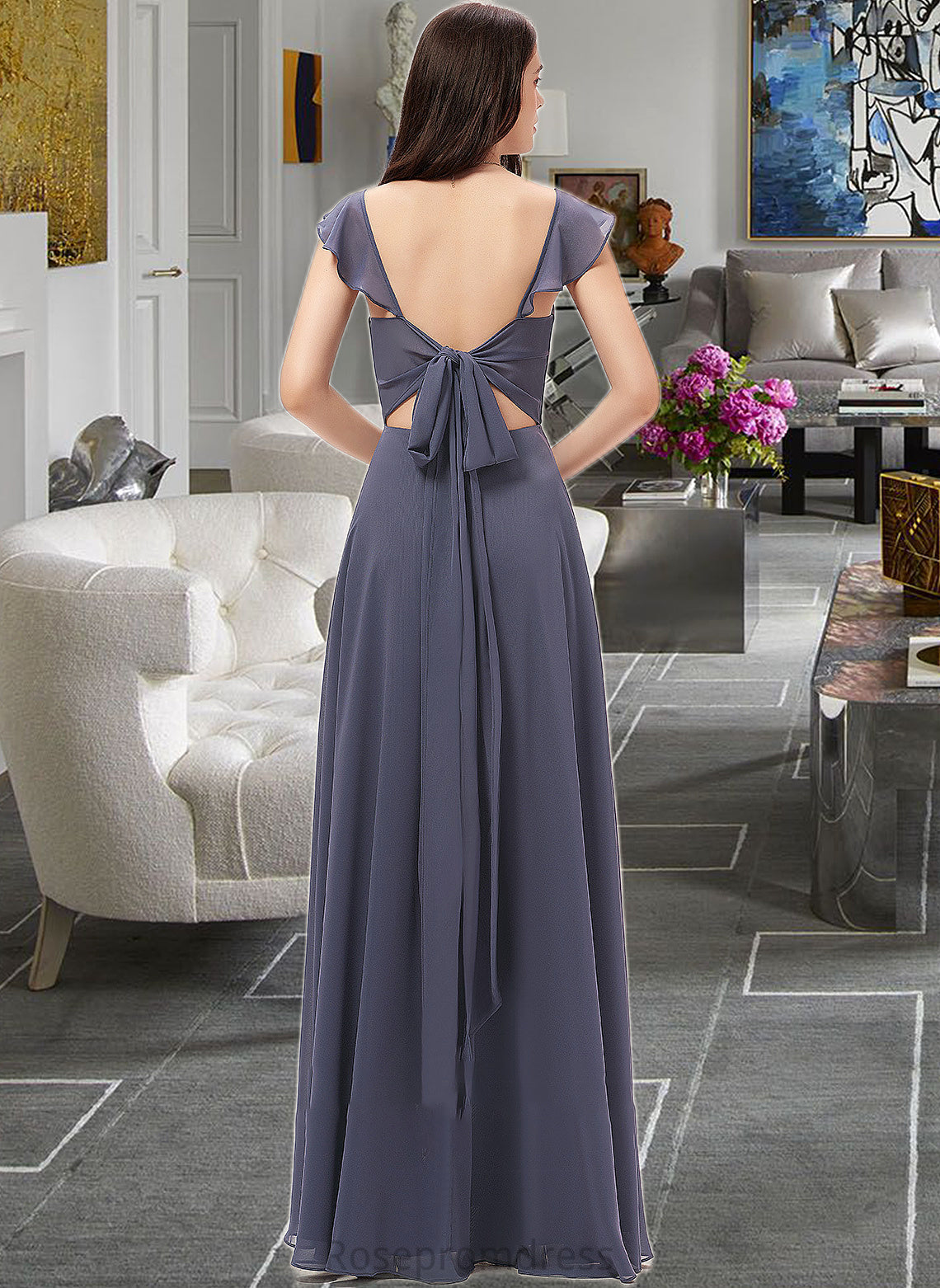 Celia A-Line V-neck Floor-Length Chiffon Bridesmaid Dress With Split Front SRSP0013086