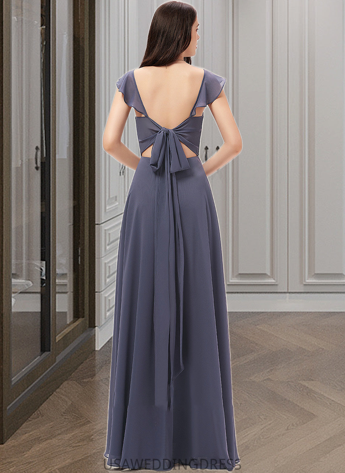 Hayden A-Line V-neck Floor-Length Chiffon Bridesmaid Dress With Split Front DSP0013086