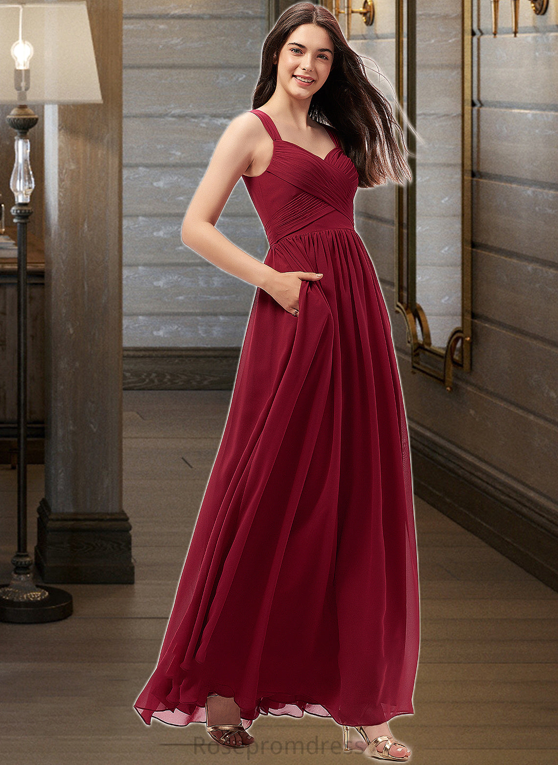 Mila A-Line Sweetheart Floor-Length Chiffon Bridesmaid Dress With Ruffle Pockets SRSP0013087