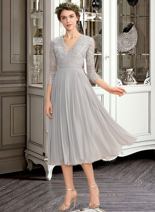 Janiyah A-Line V-neck Tea-Length Chiffon Lace Bridesmaid Dress With Pleated SRSP0013088