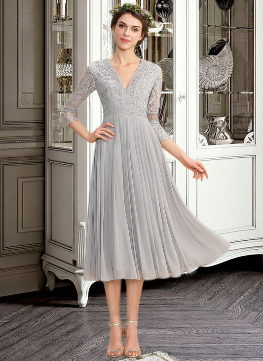 Janiyah A-Line V-neck Tea-Length Chiffon Lace Bridesmaid Dress With Pleated SRSP0013088