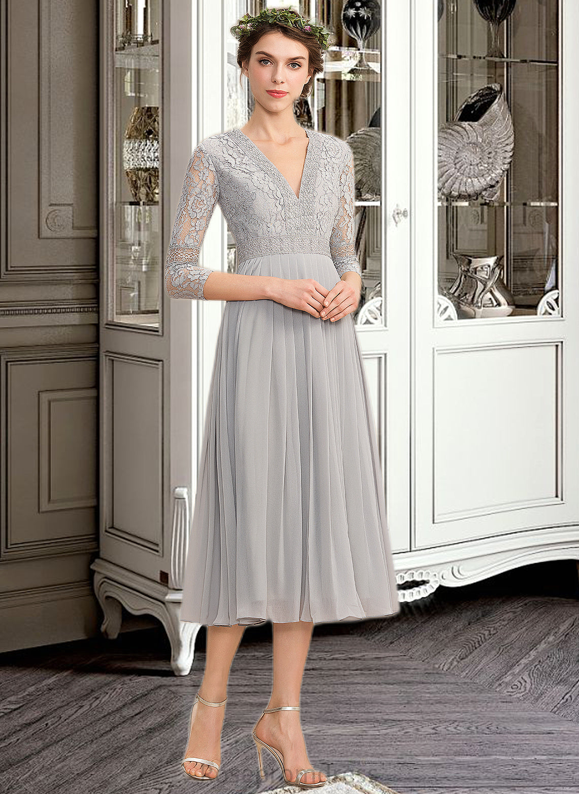 Janiyah A-Line V-neck Tea-Length Chiffon Lace Bridesmaid Dress With Pleated SRSP0013088