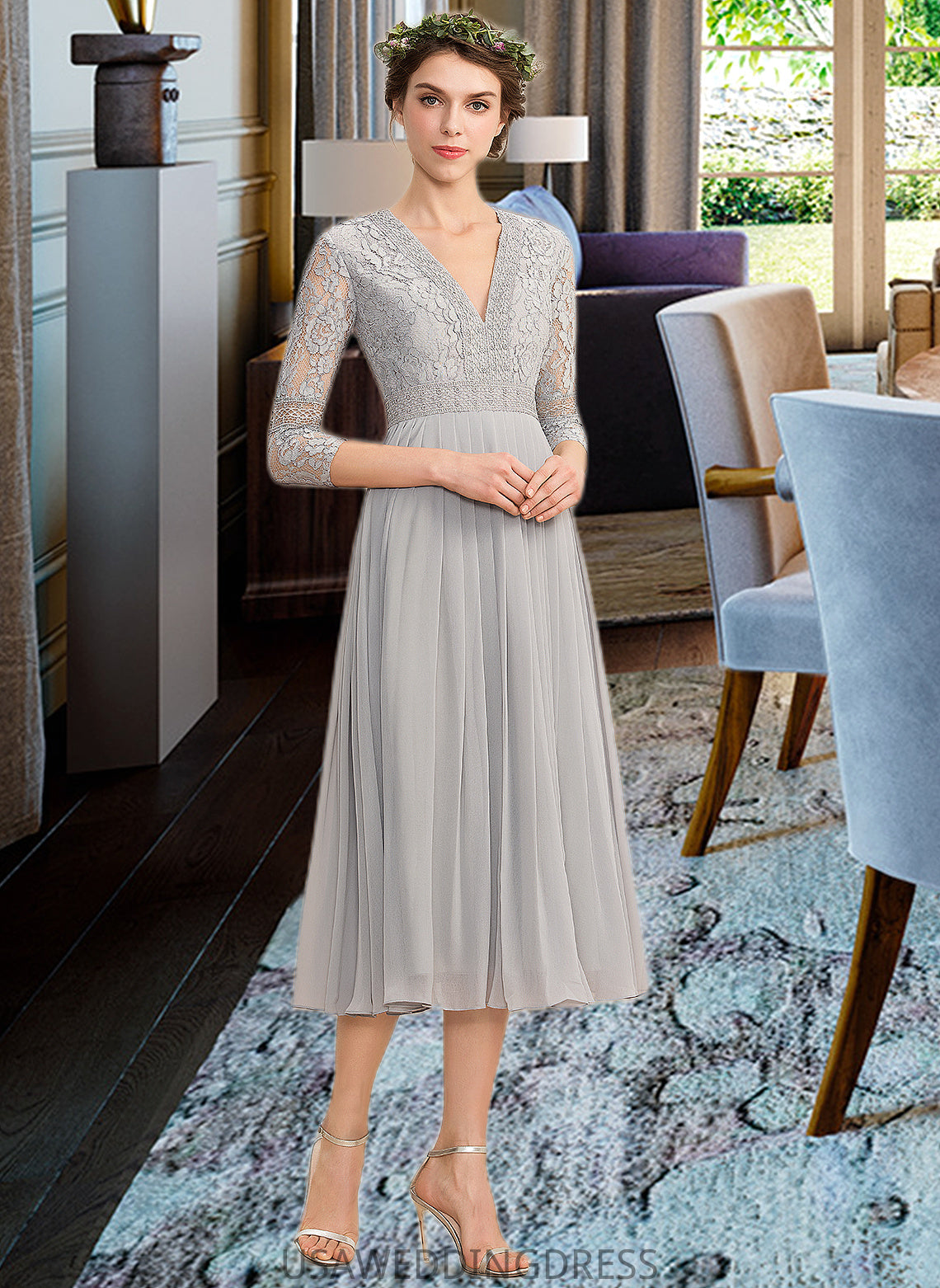 Miriam A-Line V-neck Tea-Length Chiffon Lace Bridesmaid Dress With Pleated DSP0013088