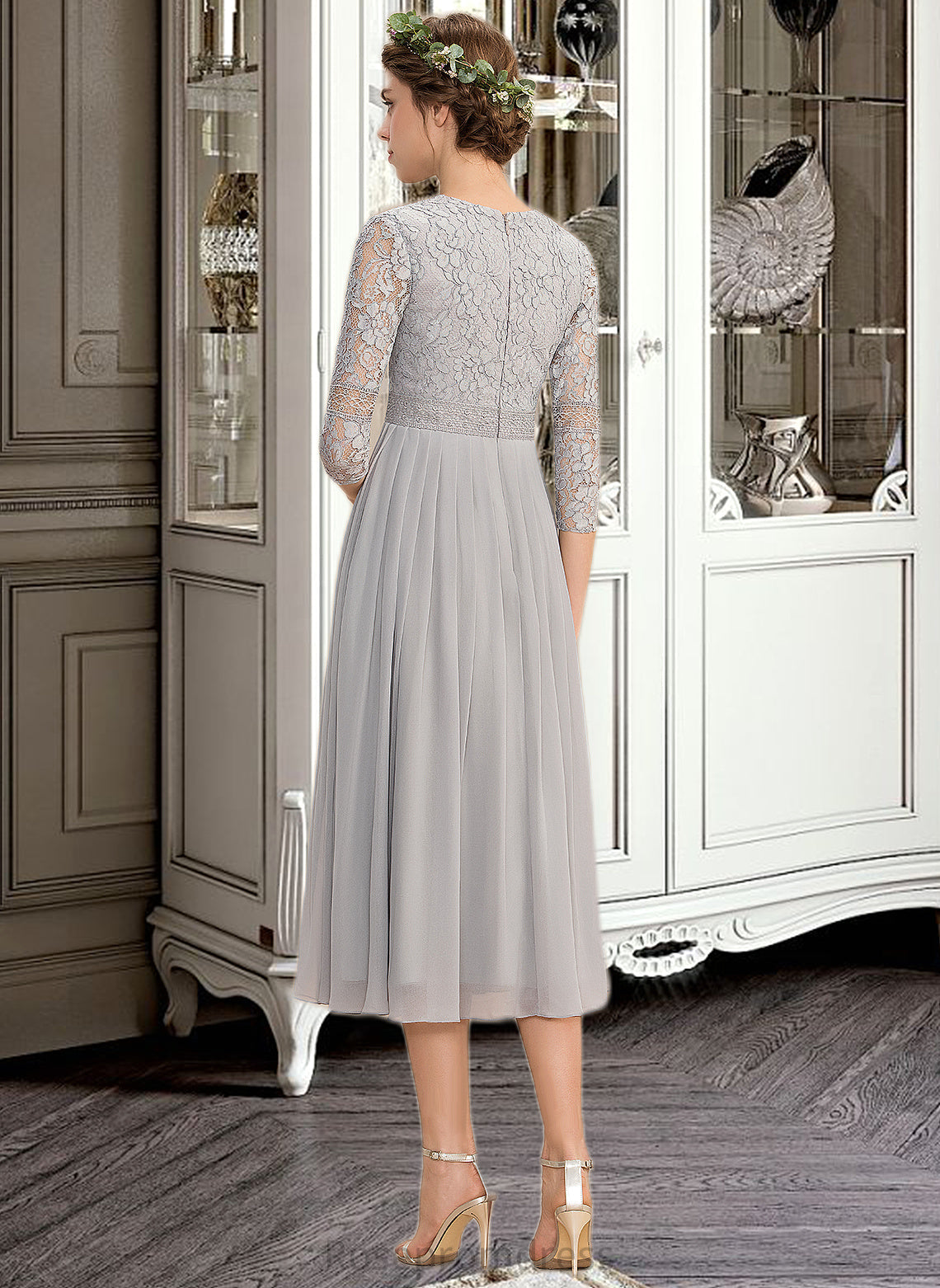 Janiyah A-Line V-neck Tea-Length Chiffon Lace Bridesmaid Dress With Pleated SRSP0013088