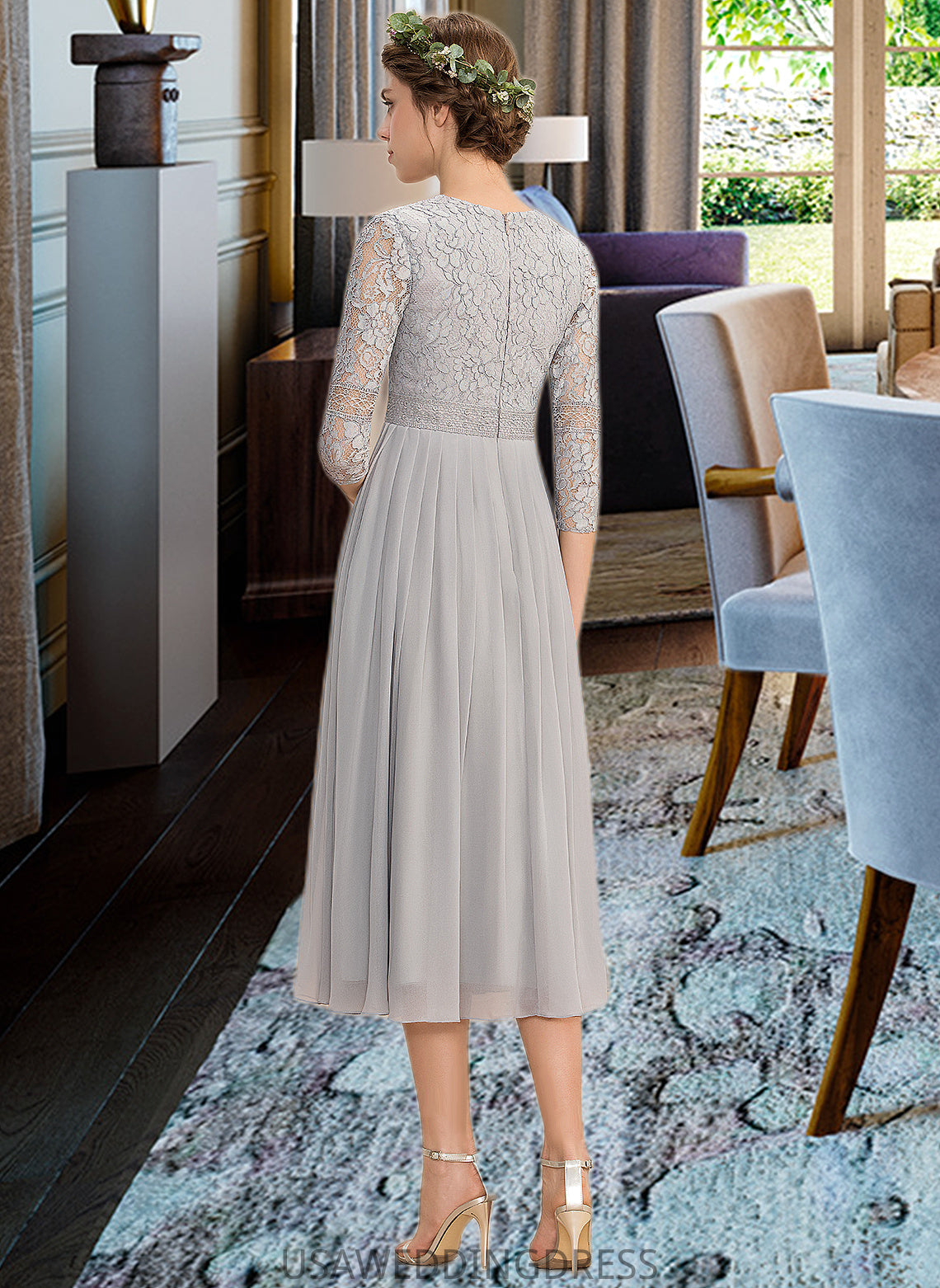 Miriam A-Line V-neck Tea-Length Chiffon Lace Bridesmaid Dress With Pleated DSP0013088