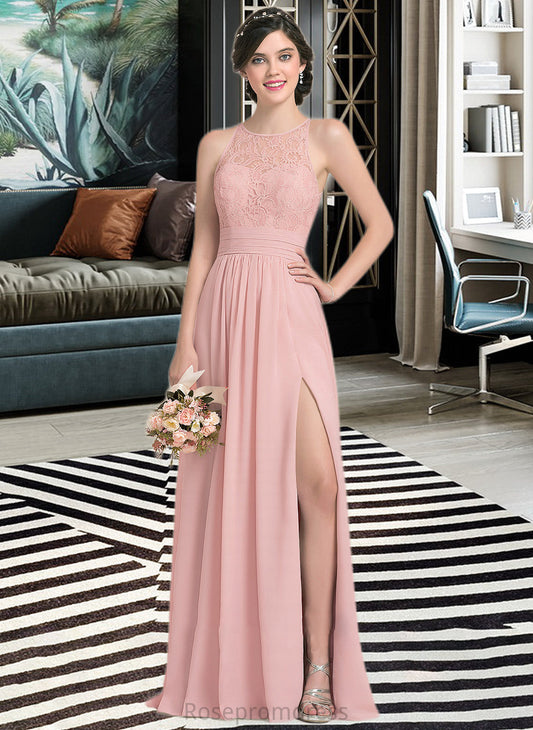 Lorelai A-Line Scoop Neck Floor-Length Chiffon Lace Bridesmaid Dress With Ruffle Split Front SRSP0013089