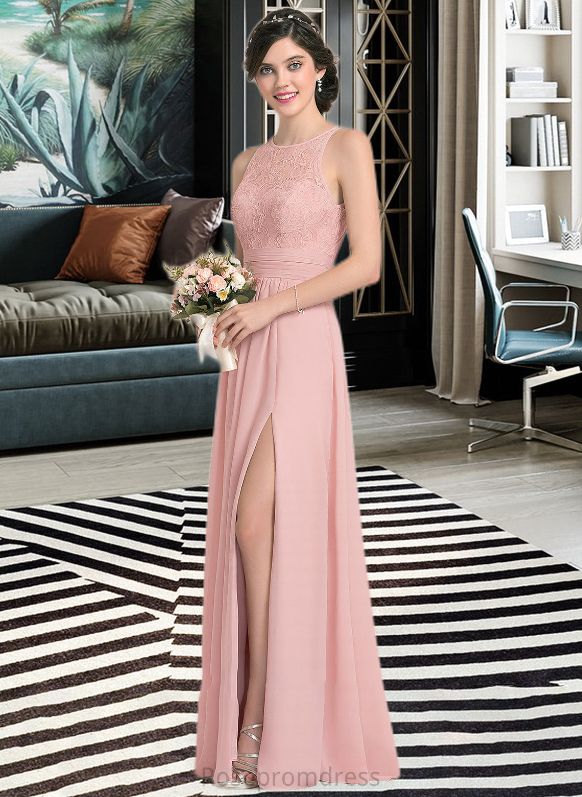 Lorelai A-Line Scoop Neck Floor-Length Chiffon Lace Bridesmaid Dress With Ruffle Split Front SRSP0013089
