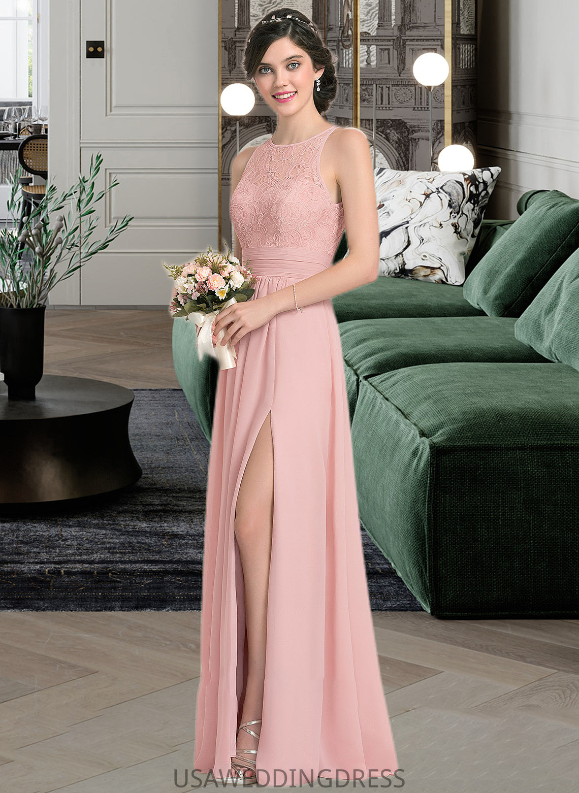 Yaretzi A-Line Scoop Neck Floor-Length Chiffon Lace Bridesmaid Dress With Ruffle Split Front DSP0013089