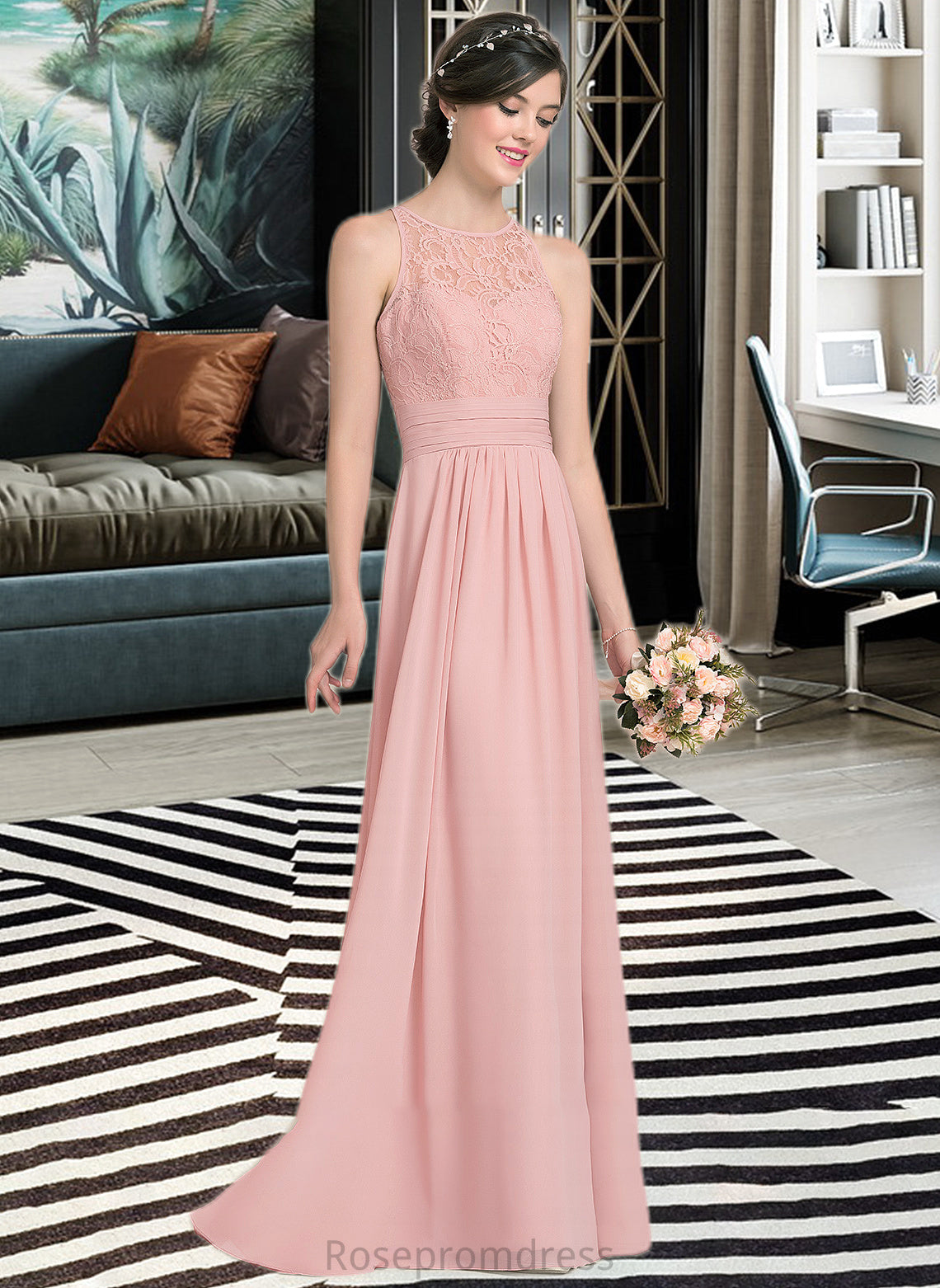 Lorelai A-Line Scoop Neck Floor-Length Chiffon Lace Bridesmaid Dress With Ruffle Split Front SRSP0013089