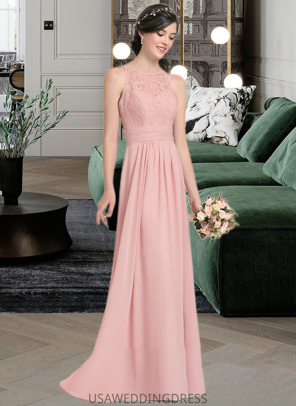 Yaretzi A-Line Scoop Neck Floor-Length Chiffon Lace Bridesmaid Dress With Ruffle Split Front DSP0013089