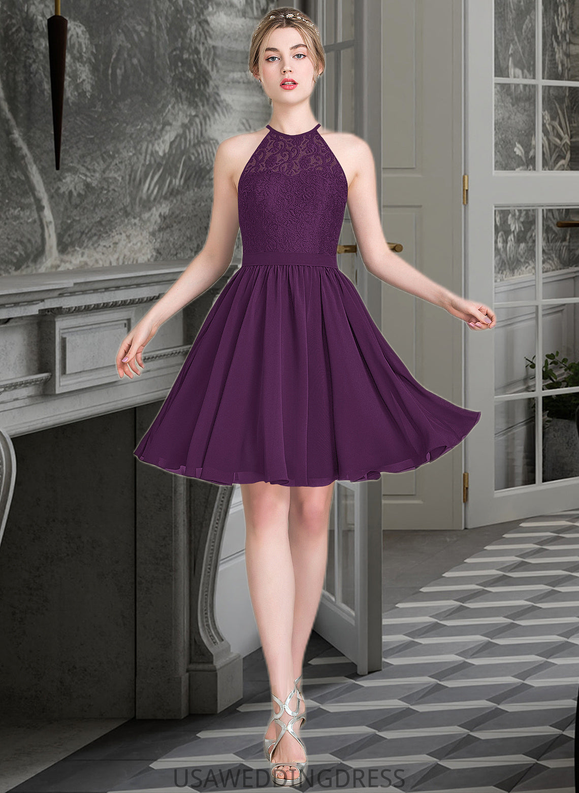 Urania A-Line Scoop Neck Knee-Length Chiffon Lace Bridesmaid Dress DSP0013090