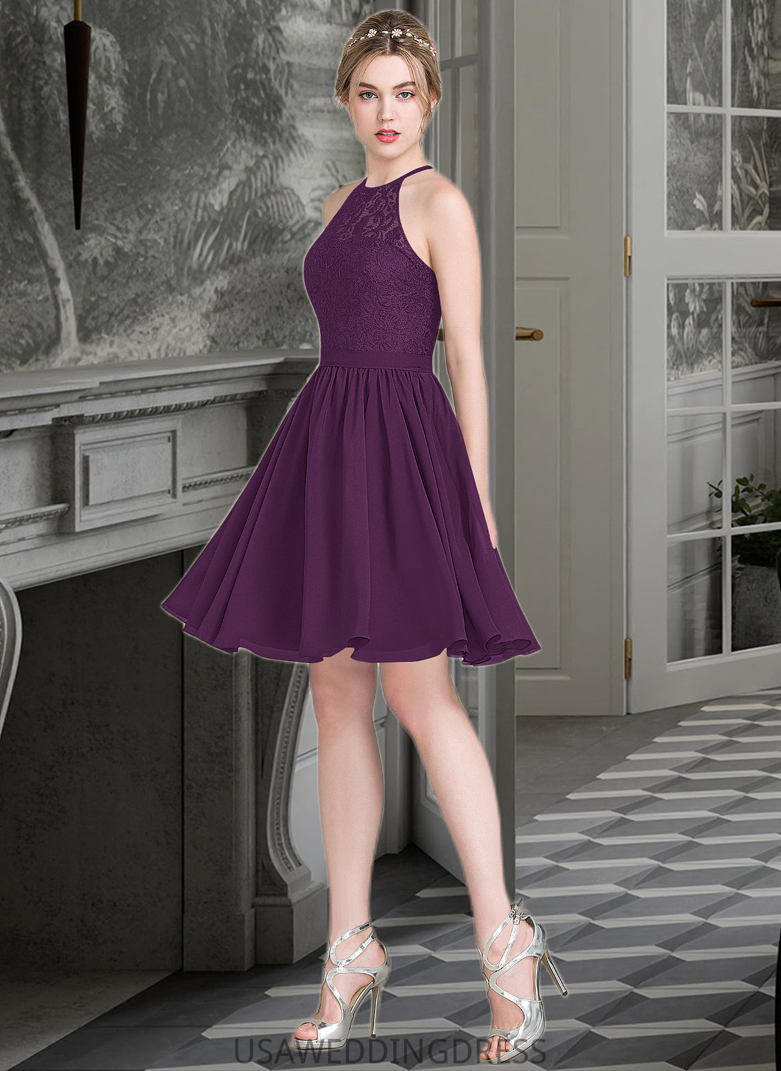 Urania A-Line Scoop Neck Knee-Length Chiffon Lace Bridesmaid Dress DSP0013090