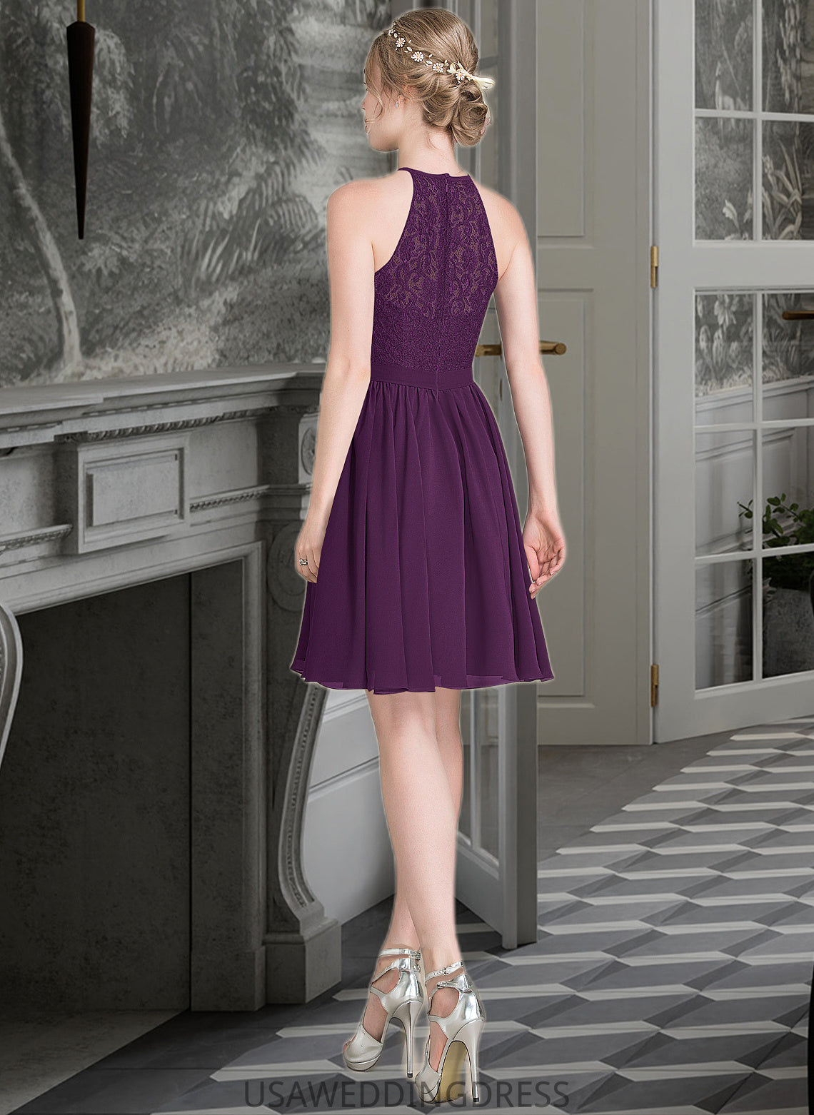 Urania A-Line Scoop Neck Knee-Length Chiffon Lace Bridesmaid Dress DSP0013090