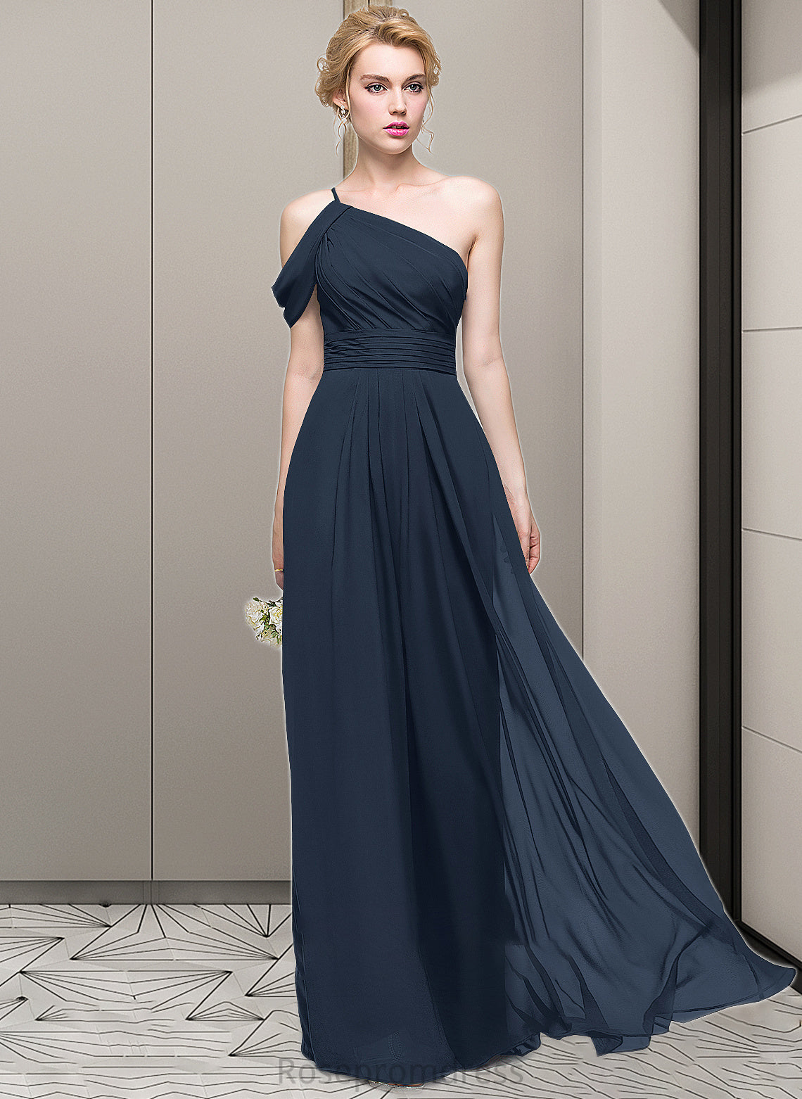 Lauryn A-line One Shoulder Floor-Length Chiffon Bridesmaid Dress With Ruffle SRSP0013091