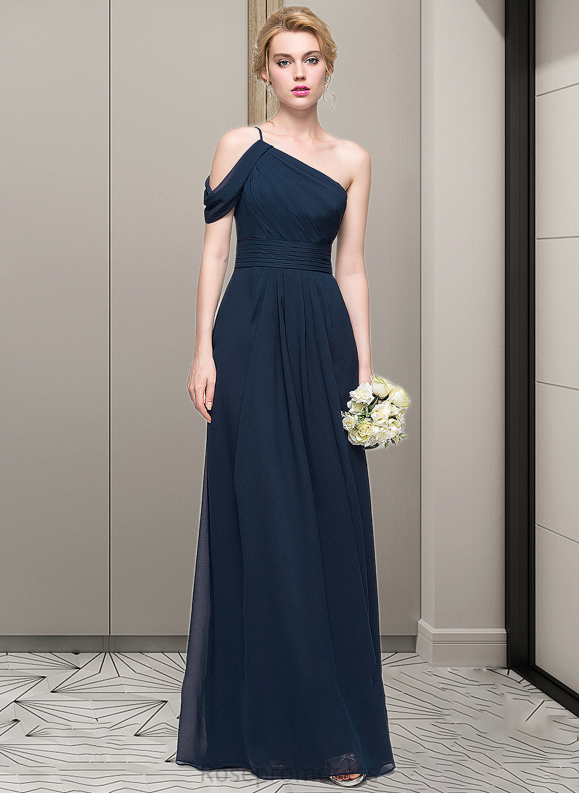 Lauryn A-line One Shoulder Floor-Length Chiffon Bridesmaid Dress With Ruffle SRSP0013091