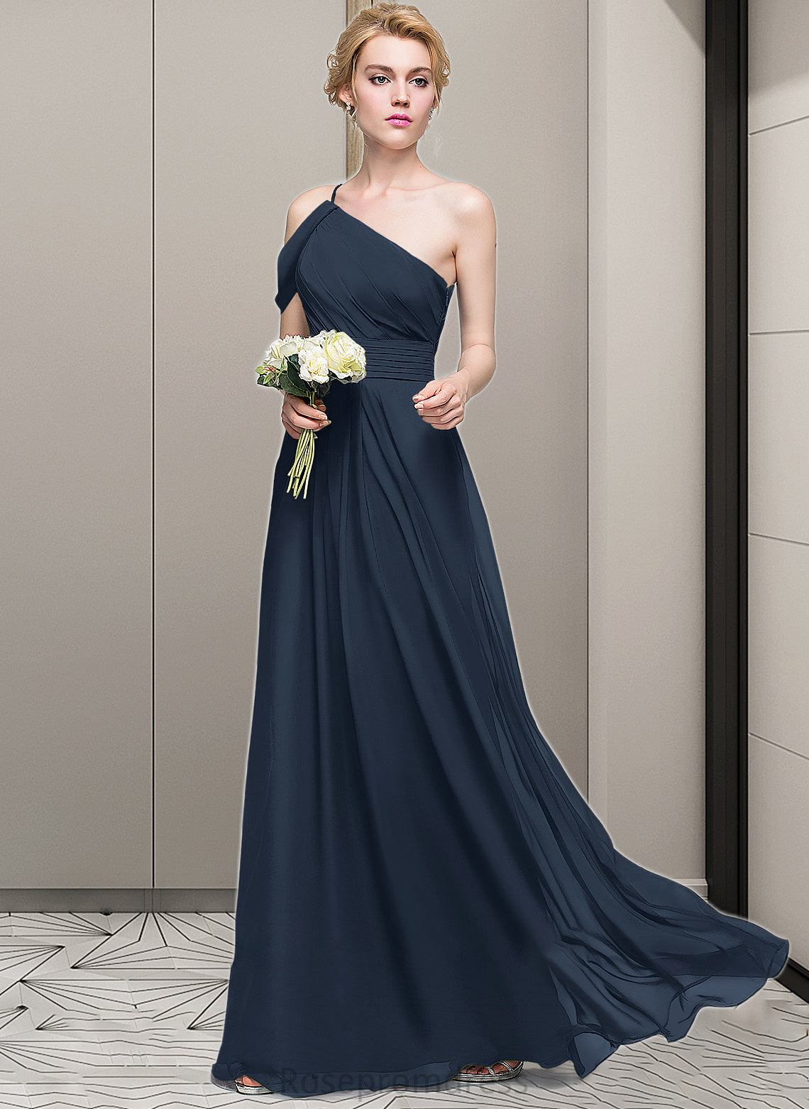 Lauryn A-line One Shoulder Floor-Length Chiffon Bridesmaid Dress With Ruffle SRSP0013091