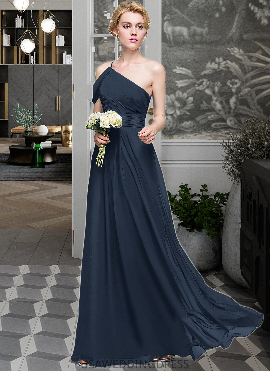 Cameron A-line One Shoulder Floor-Length Chiffon Bridesmaid Dress With Ruffle DSP0013091