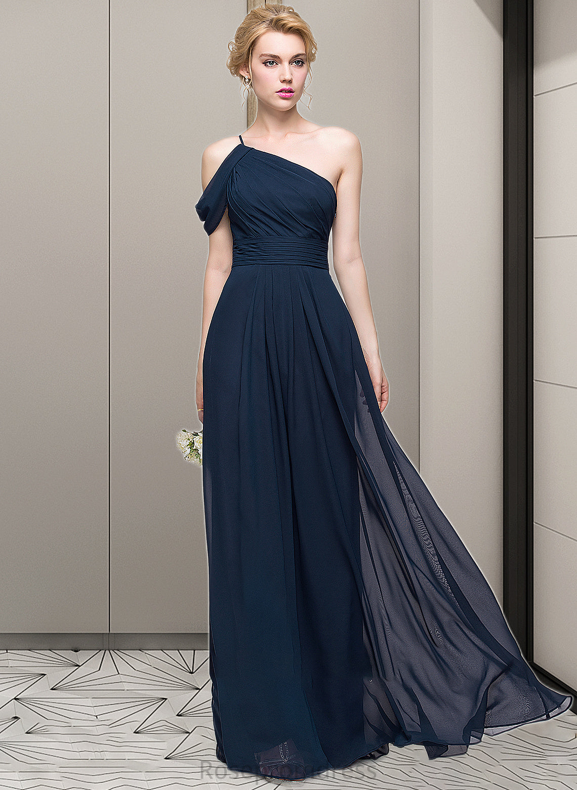 Lauryn A-line One Shoulder Floor-Length Chiffon Bridesmaid Dress With Ruffle SRSP0013091
