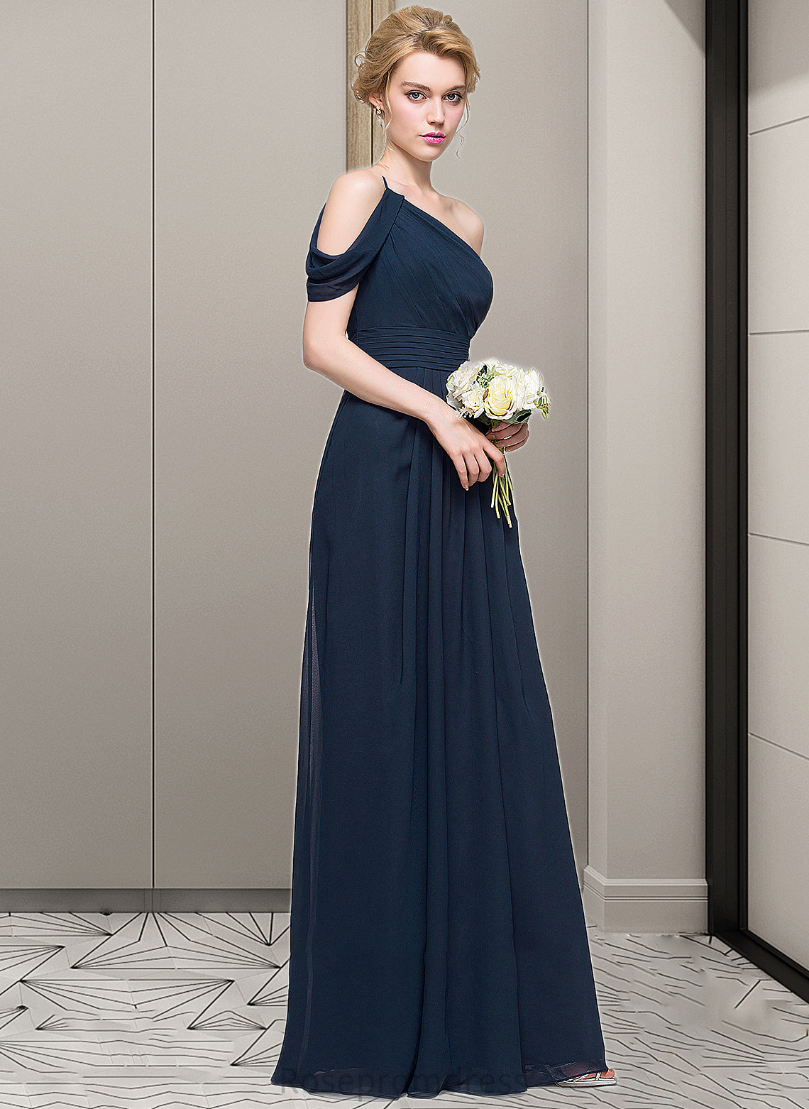 Lauryn A-line One Shoulder Floor-Length Chiffon Bridesmaid Dress With Ruffle SRSP0013091
