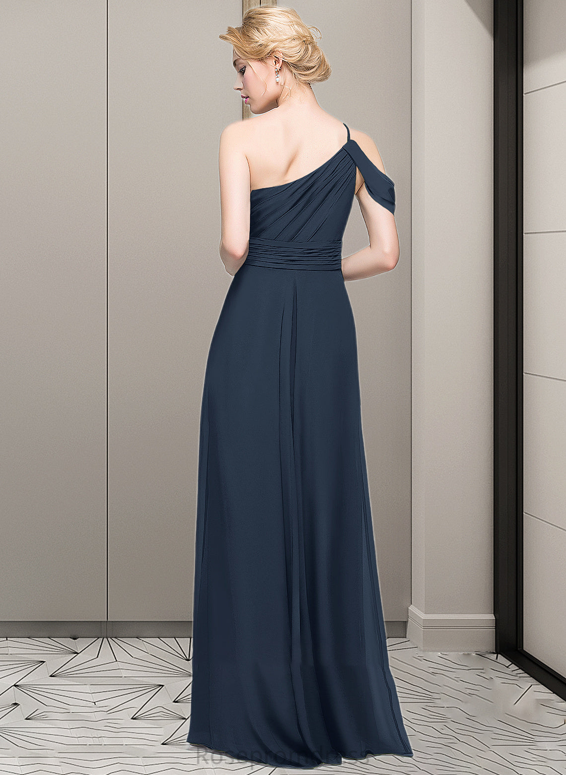 Lauryn A-line One Shoulder Floor-Length Chiffon Bridesmaid Dress With Ruffle SRSP0013091