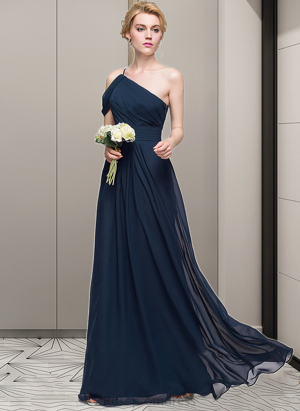 Lauryn A-line One Shoulder Floor-Length Chiffon Bridesmaid Dress With Ruffle SRSP0013091
