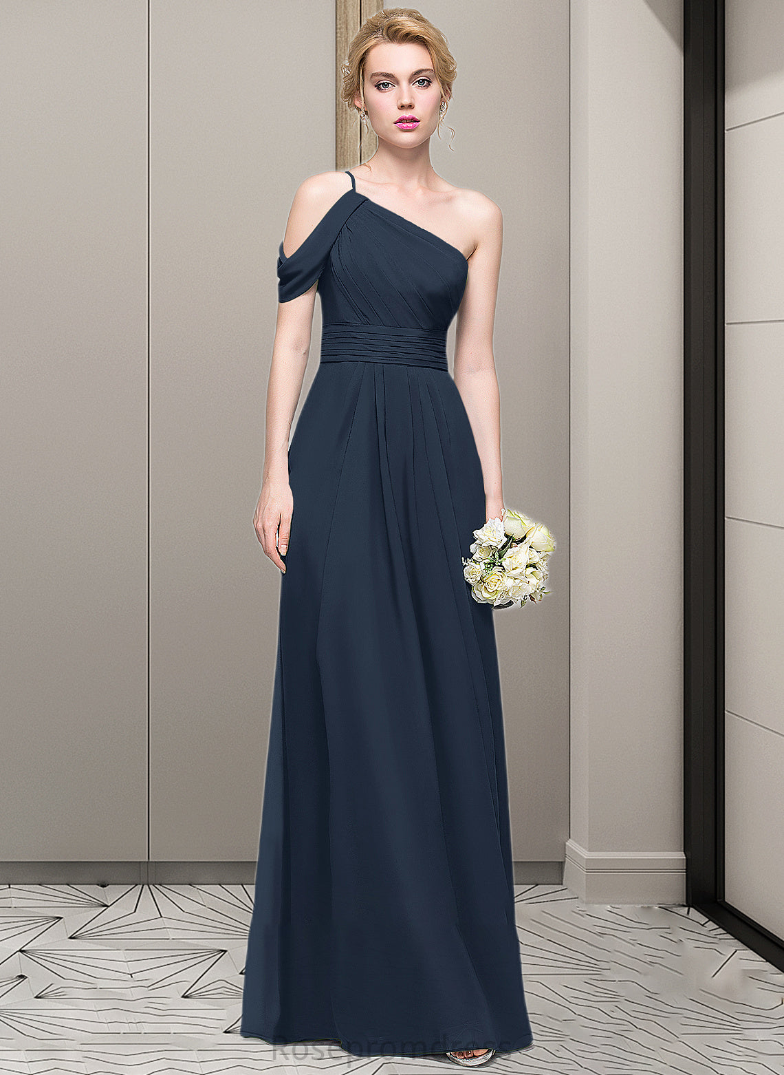 Lauryn A-line One Shoulder Floor-Length Chiffon Bridesmaid Dress With Ruffle SRSP0013091