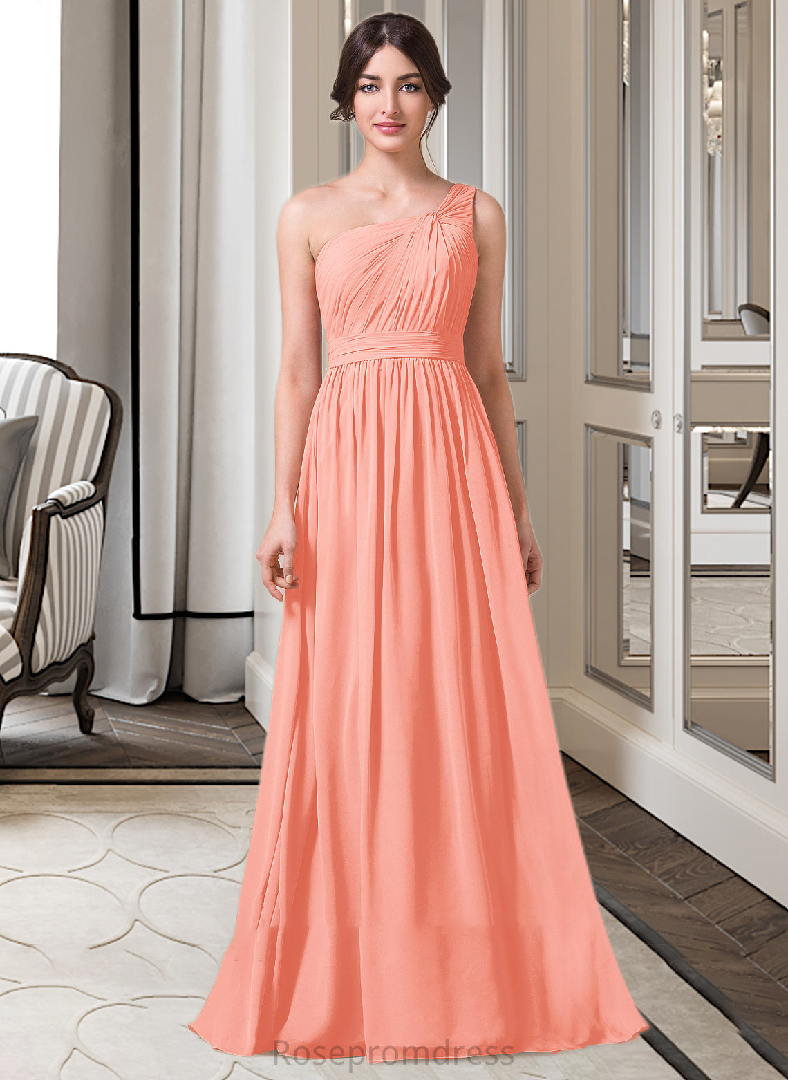 Mckenzie A-Line One-Shoulder Floor-length Chiffon Bridesmaid Dress SRSP0013092