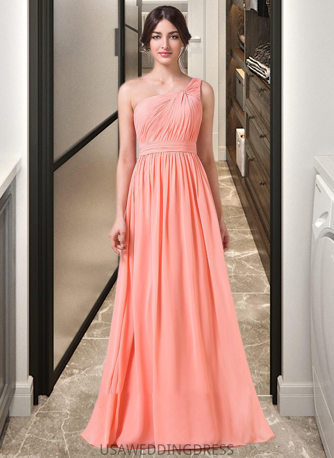 Jaelynn A-Line One-Shoulder Floor-length Chiffon Bridesmaid Dress DSP0013092