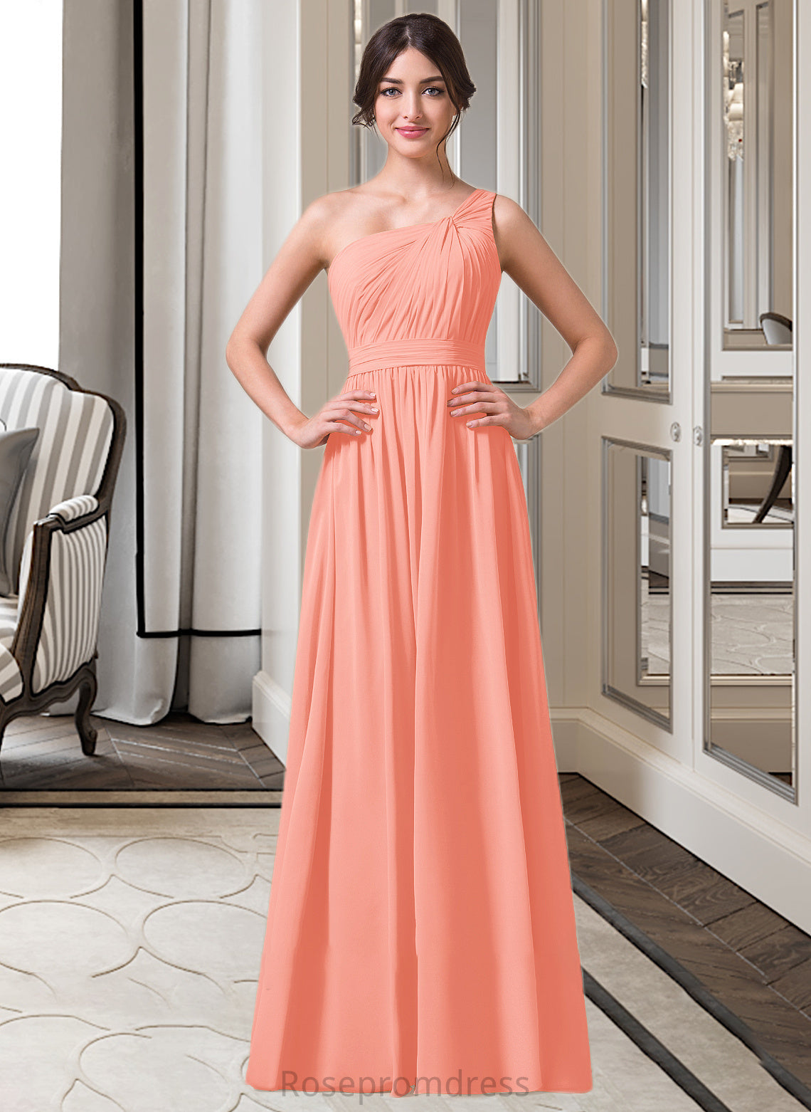 Mckenzie A-Line One-Shoulder Floor-length Chiffon Bridesmaid Dress SRSP0013092