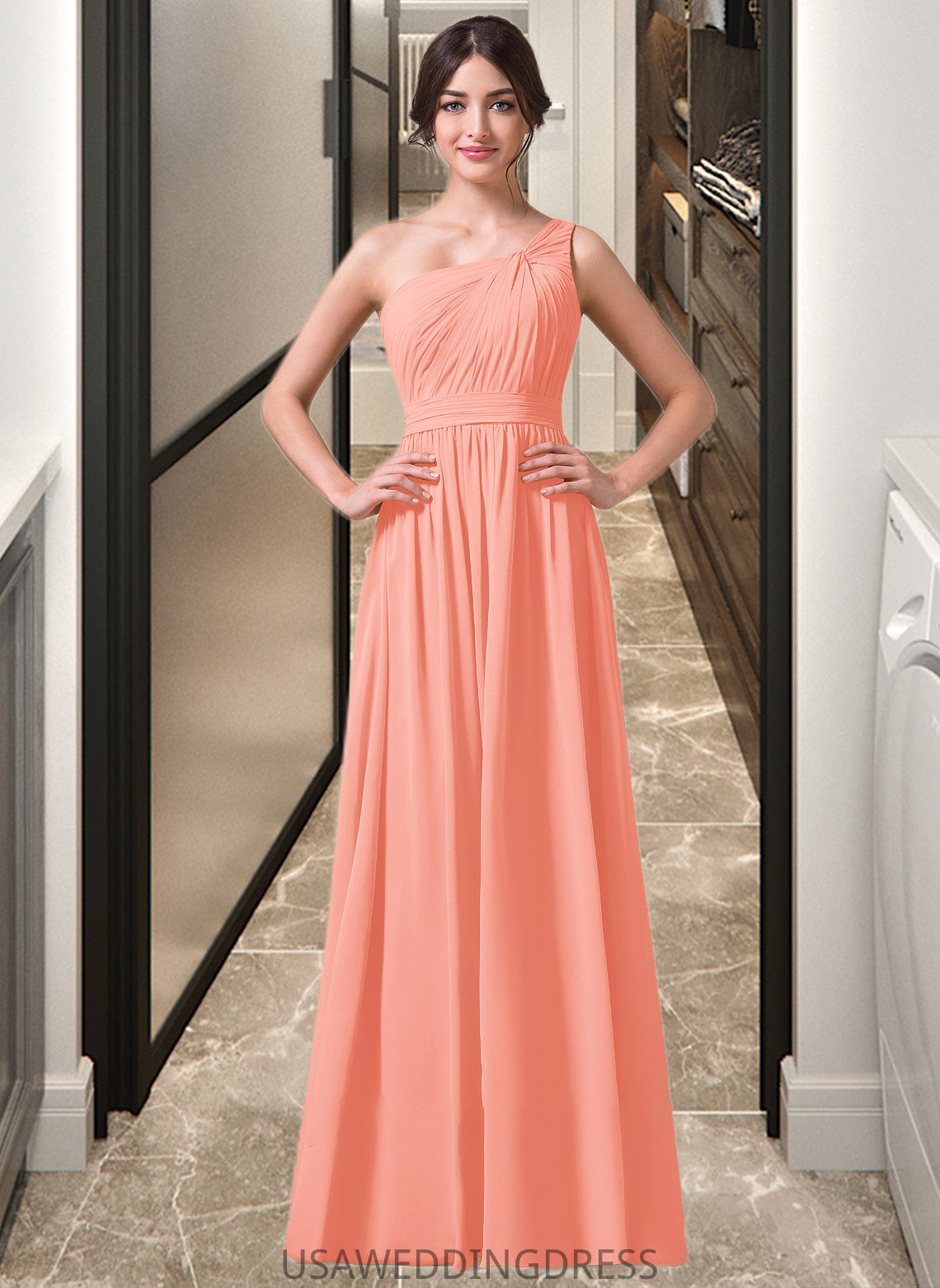 Jaelynn A-Line One-Shoulder Floor-length Chiffon Bridesmaid Dress DSP0013092