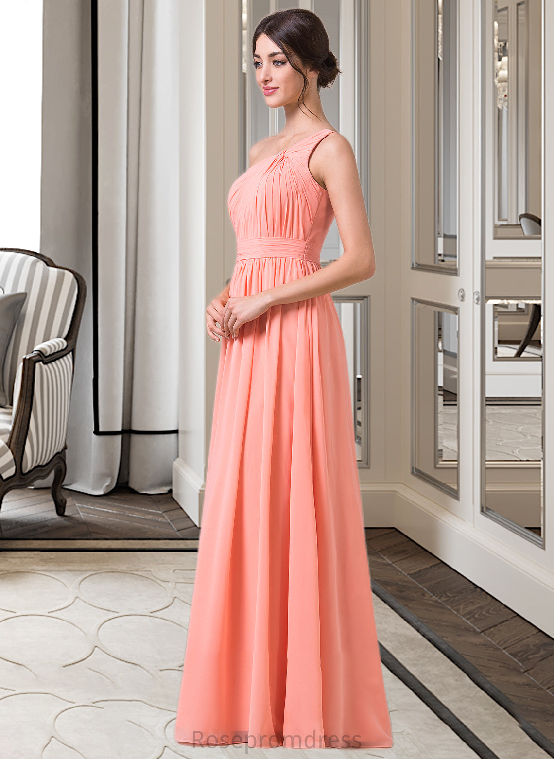 Mckenzie A-Line One-Shoulder Floor-length Chiffon Bridesmaid Dress SRSP0013092
