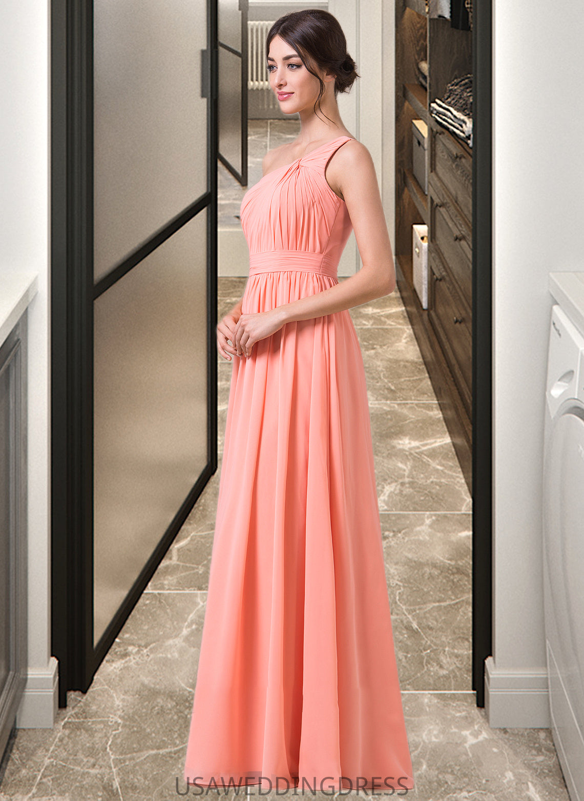 Jaelynn A-Line One-Shoulder Floor-length Chiffon Bridesmaid Dress DSP0013092
