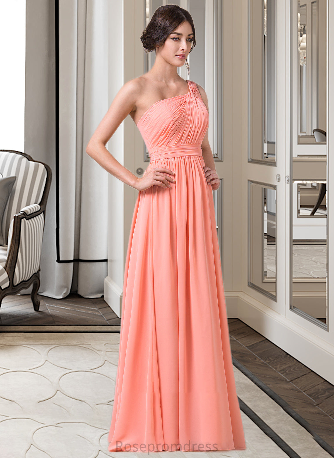 Mckenzie A-Line One-Shoulder Floor-length Chiffon Bridesmaid Dress SRSP0013092