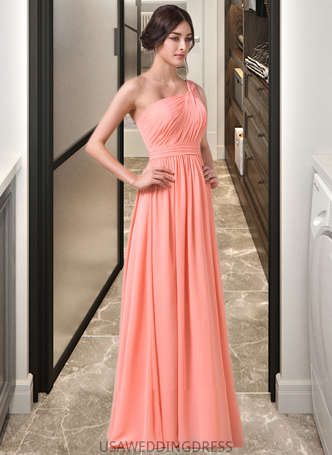 Jaelynn A-Line One-Shoulder Floor-length Chiffon Bridesmaid Dress DSP0013092