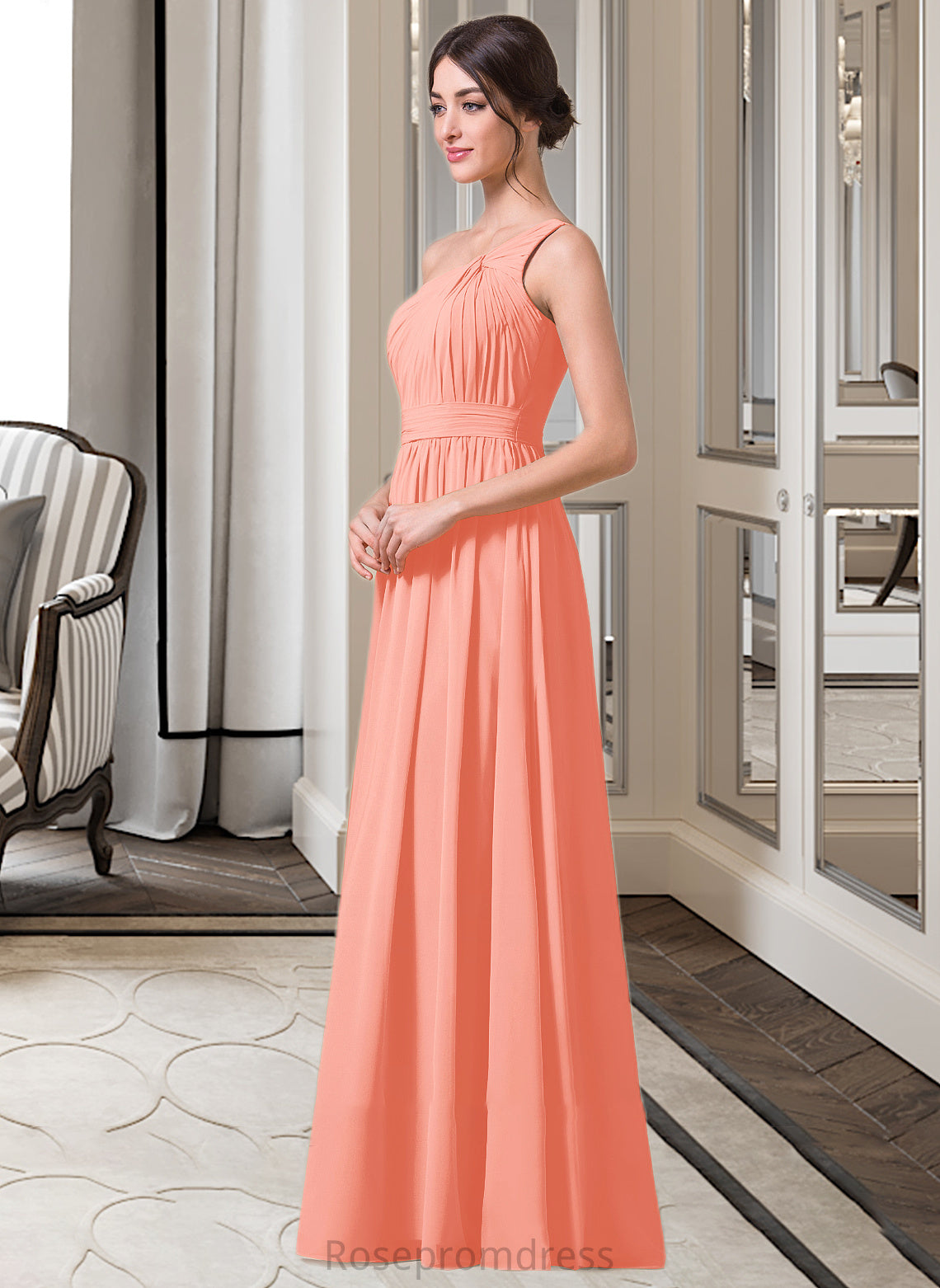 Mckenzie A-Line One-Shoulder Floor-length Chiffon Bridesmaid Dress SRSP0013092