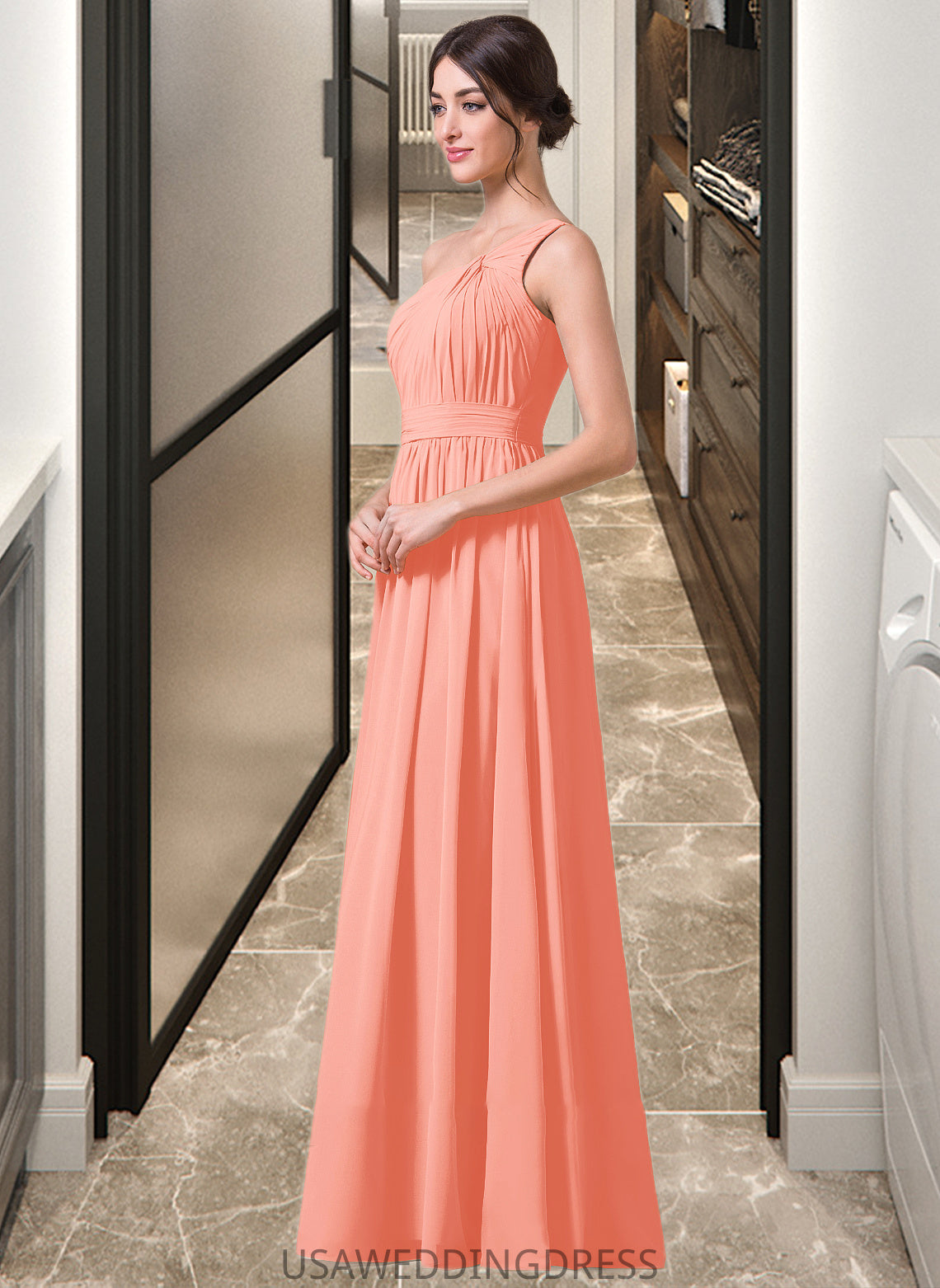 Jaelynn A-Line One-Shoulder Floor-length Chiffon Bridesmaid Dress DSP0013092