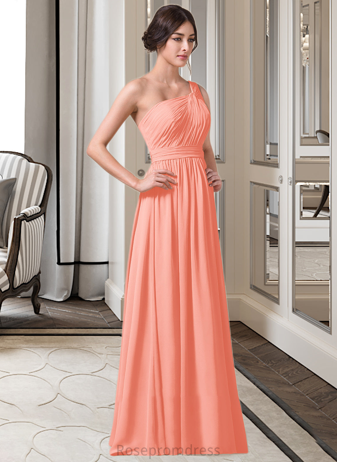 Mckenzie A-Line One-Shoulder Floor-length Chiffon Bridesmaid Dress SRSP0013092