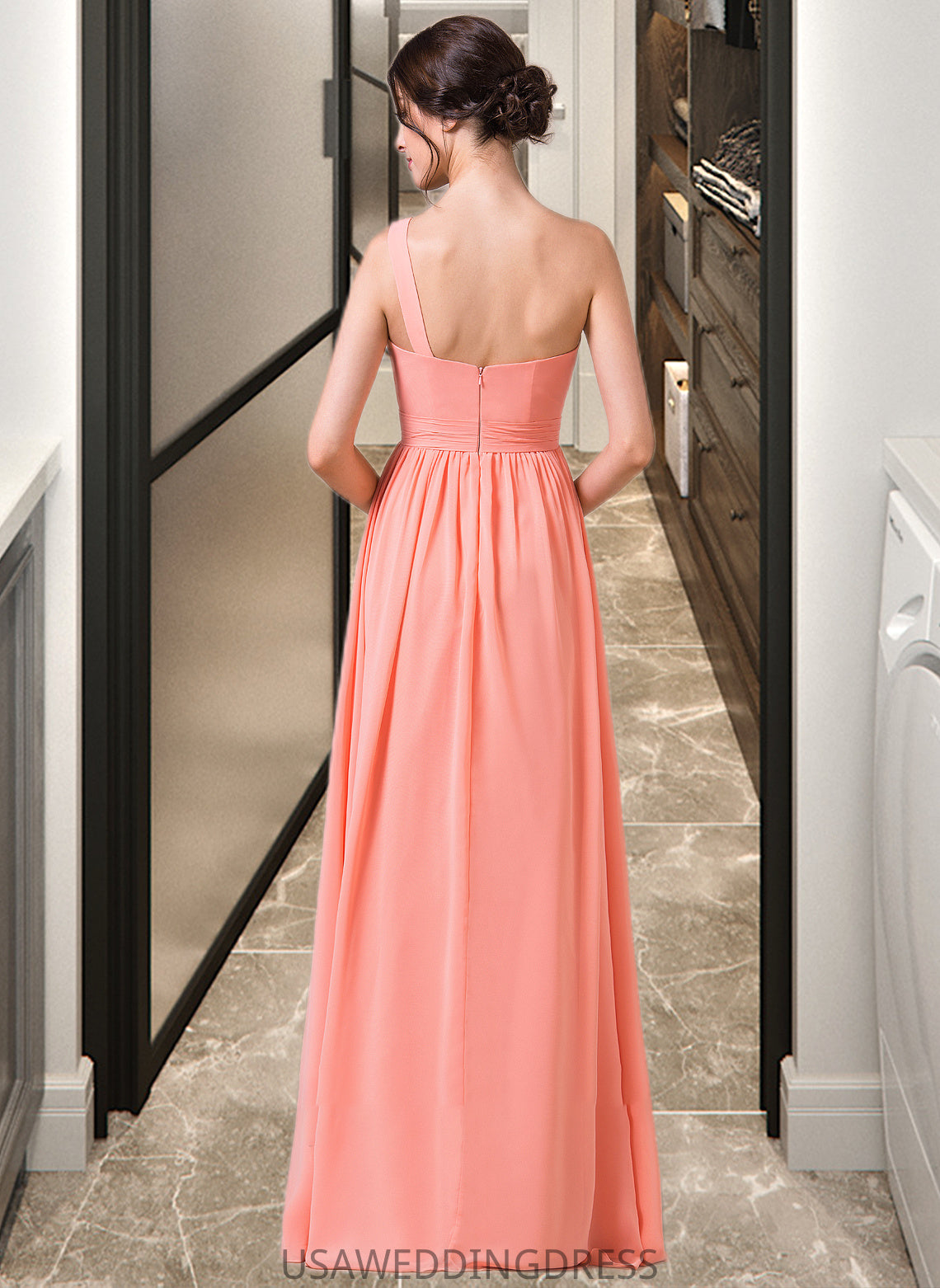 Jaelynn A-Line One-Shoulder Floor-length Chiffon Bridesmaid Dress DSP0013092