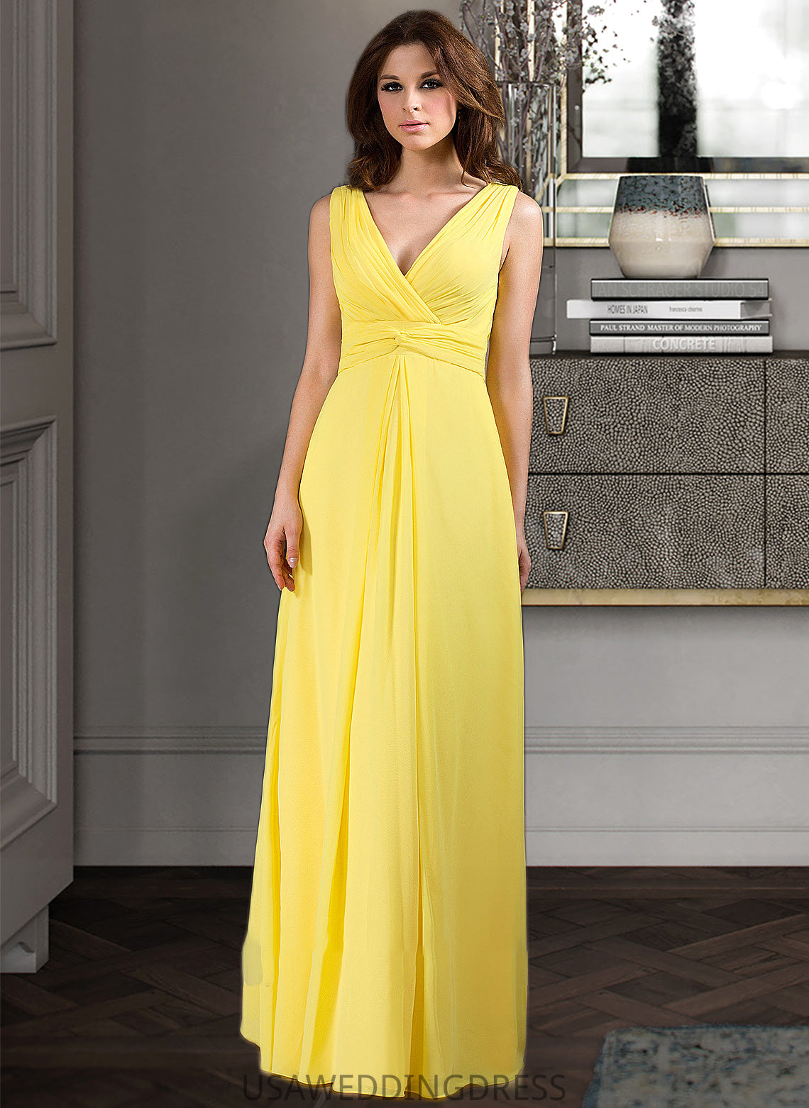 Frances A-Line V-neck Wrapped Bodice Floor-length Chiffon Bridesmaid Dress DSP0013093