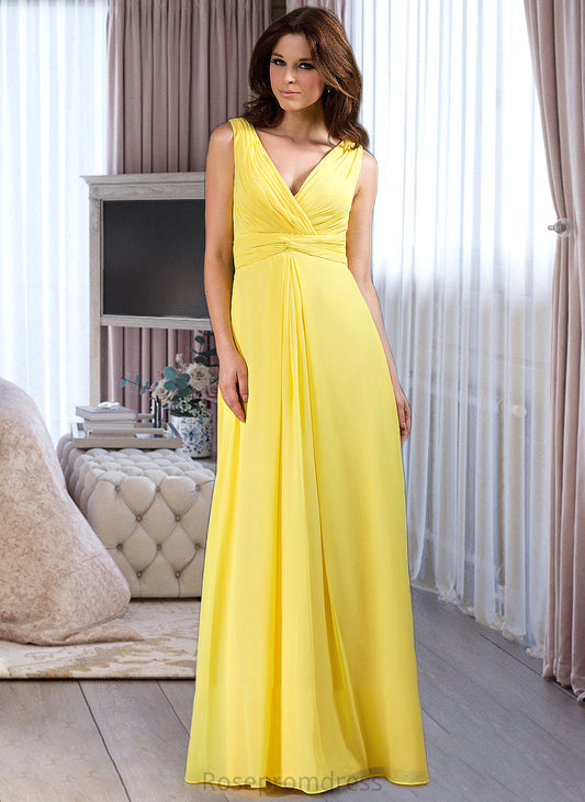 Maleah A-Line V-neck Wrapped Bodice Floor-length Chiffon Bridesmaid Dress SRSP0013093